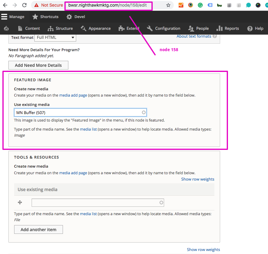 Set featured image section on nodes
