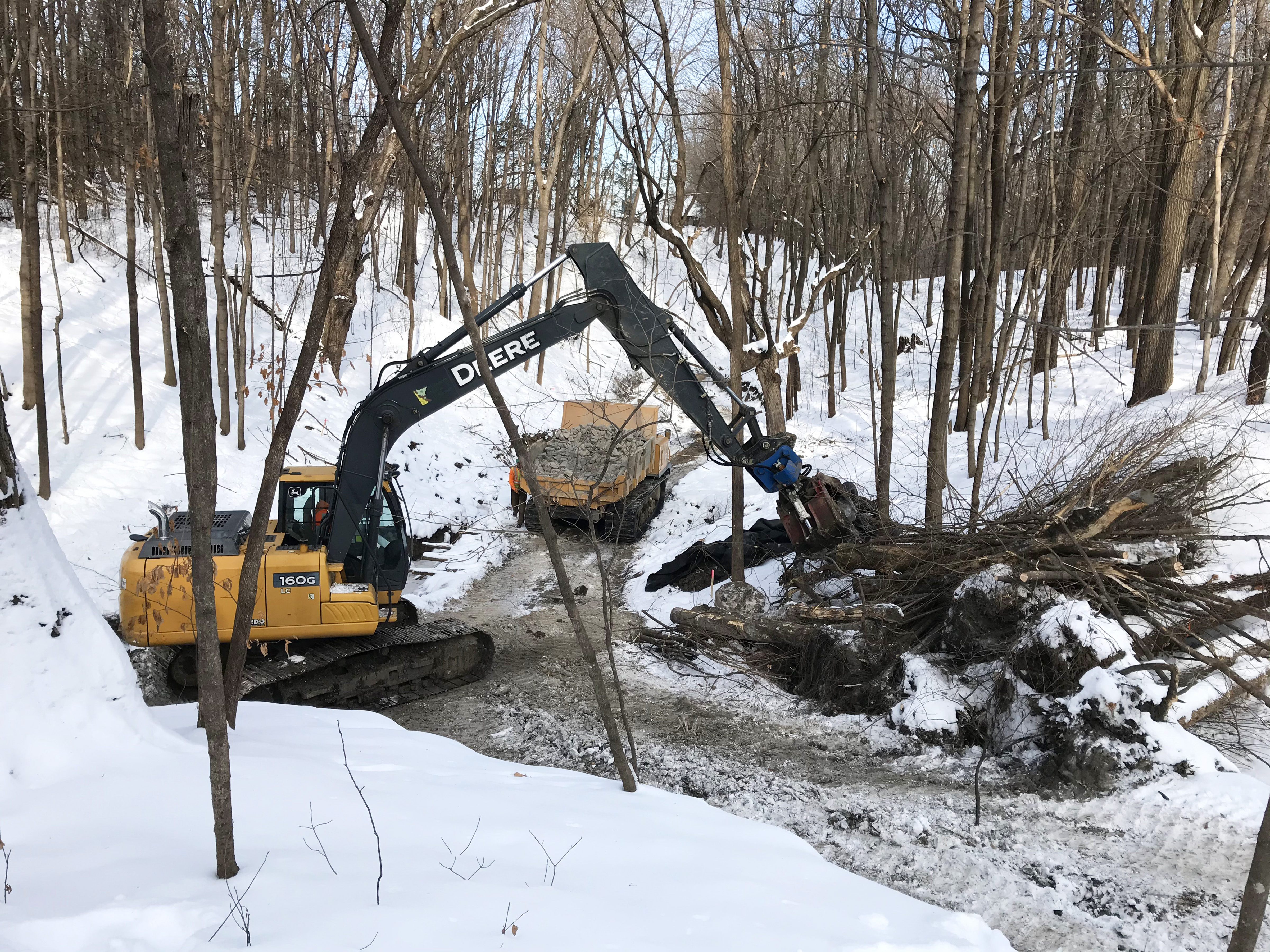 A crew from Minnesota Native Landscapes worked Dec. 19, 2019, on a Pioneer-Sarah Creek Watershed Management Commission project to stabilize a ravine in the Baker Park Reserve campground. 