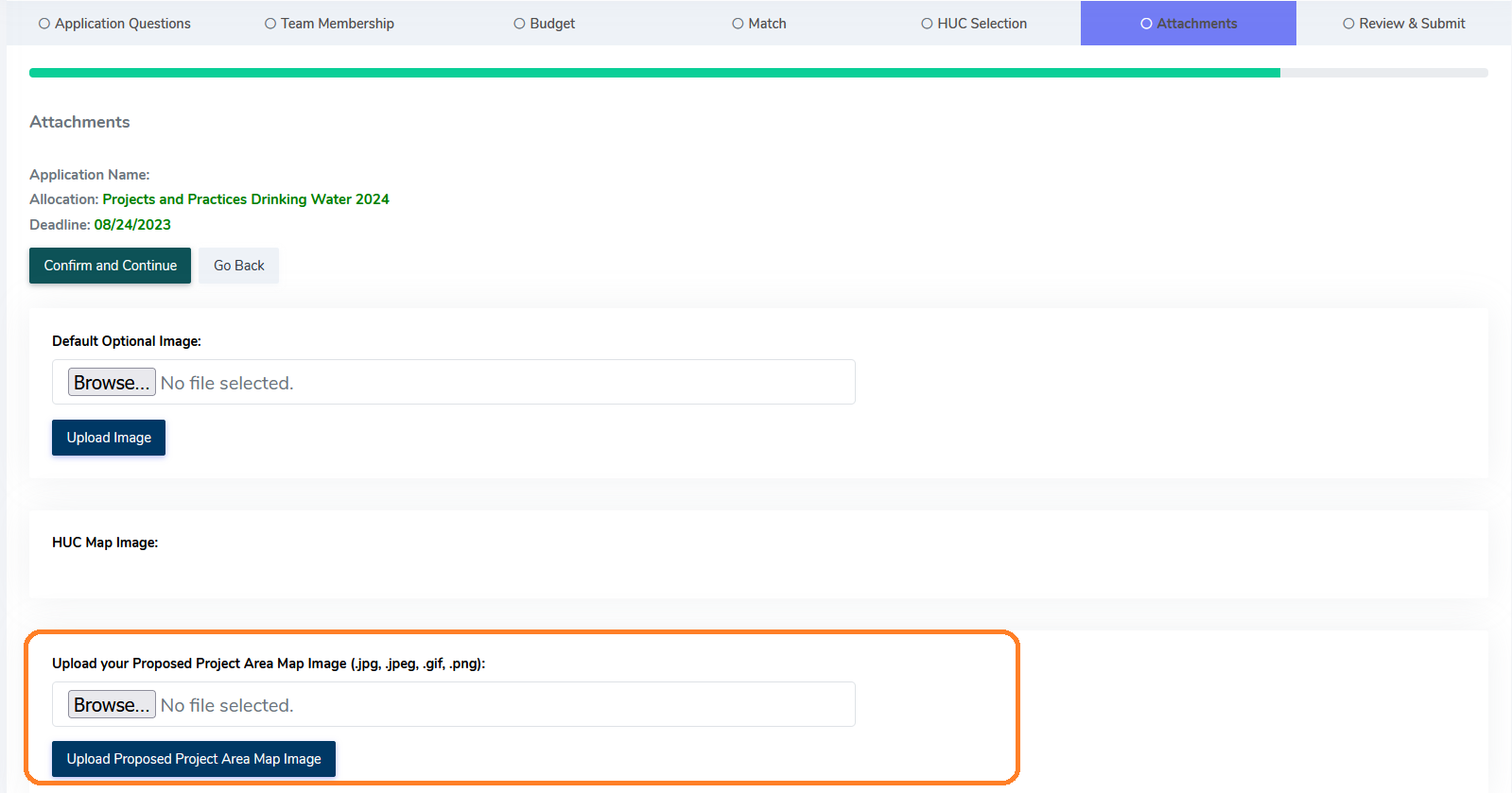 Screenshot of Attachments tab for eLINK Funding Request, with prompt specific to the Projects and Practices Drinking Water allocation.